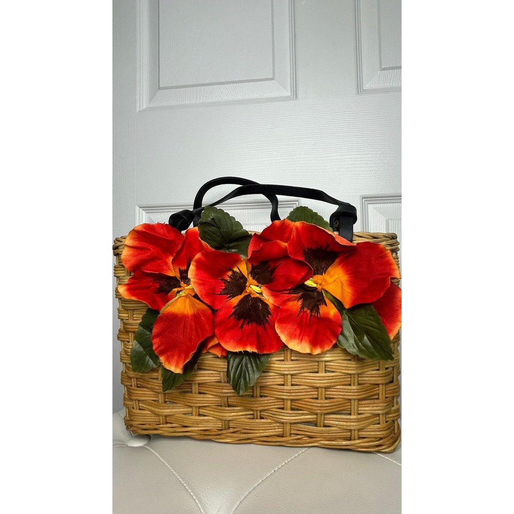 Kate Spade Rare Novelty Wicker Basket Tote Orange Pansy Floral Picnic Bag - Picture 12 of 12